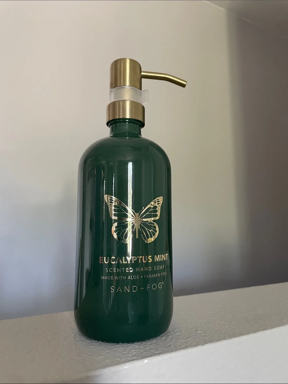 Eucalyptus Mint Hand Soap - Sand + Fog green / gold butterfly decorative bottle